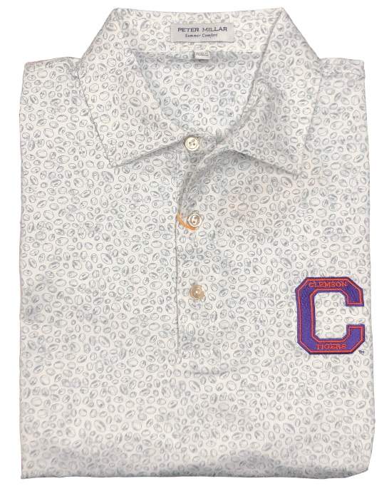  Peter Millar Clemson "C" Logo Blitz Performance Jersey Polo: White/Gale Grey