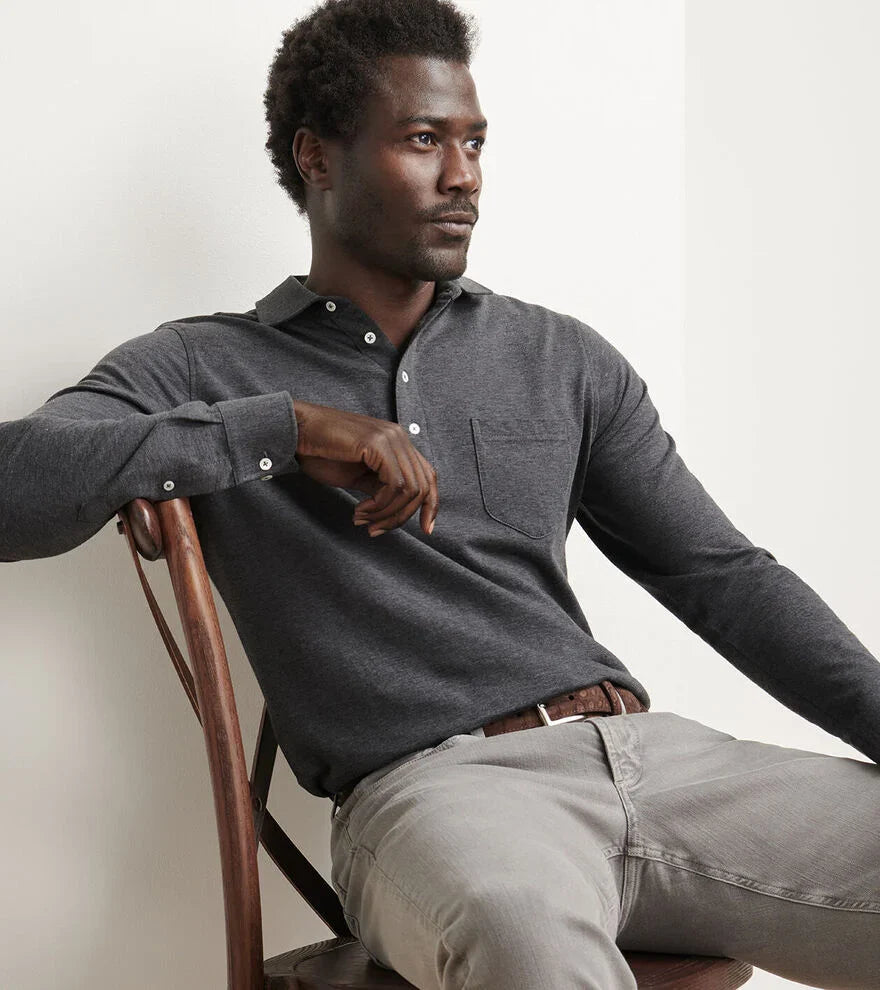  Peter Millar Crown Crafted Amble Long-Sleeve Cotton Cashmere Polo: Charcoal