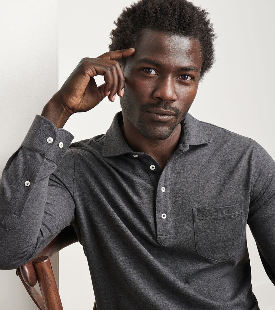  Peter Millar Crown Crafted Amble Long-Sleeve Cotton Cashmere Polo: Charcoal