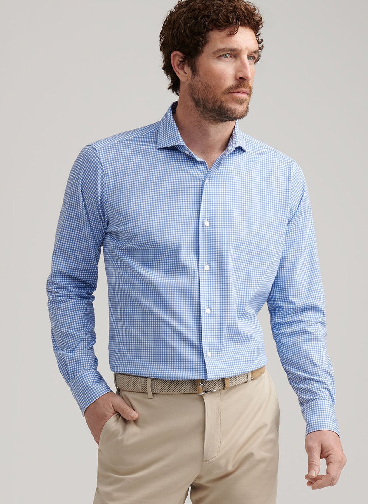  Peter Millar Crown Crafted Excursionist Flex Gingham Shirt: Rain Cloud