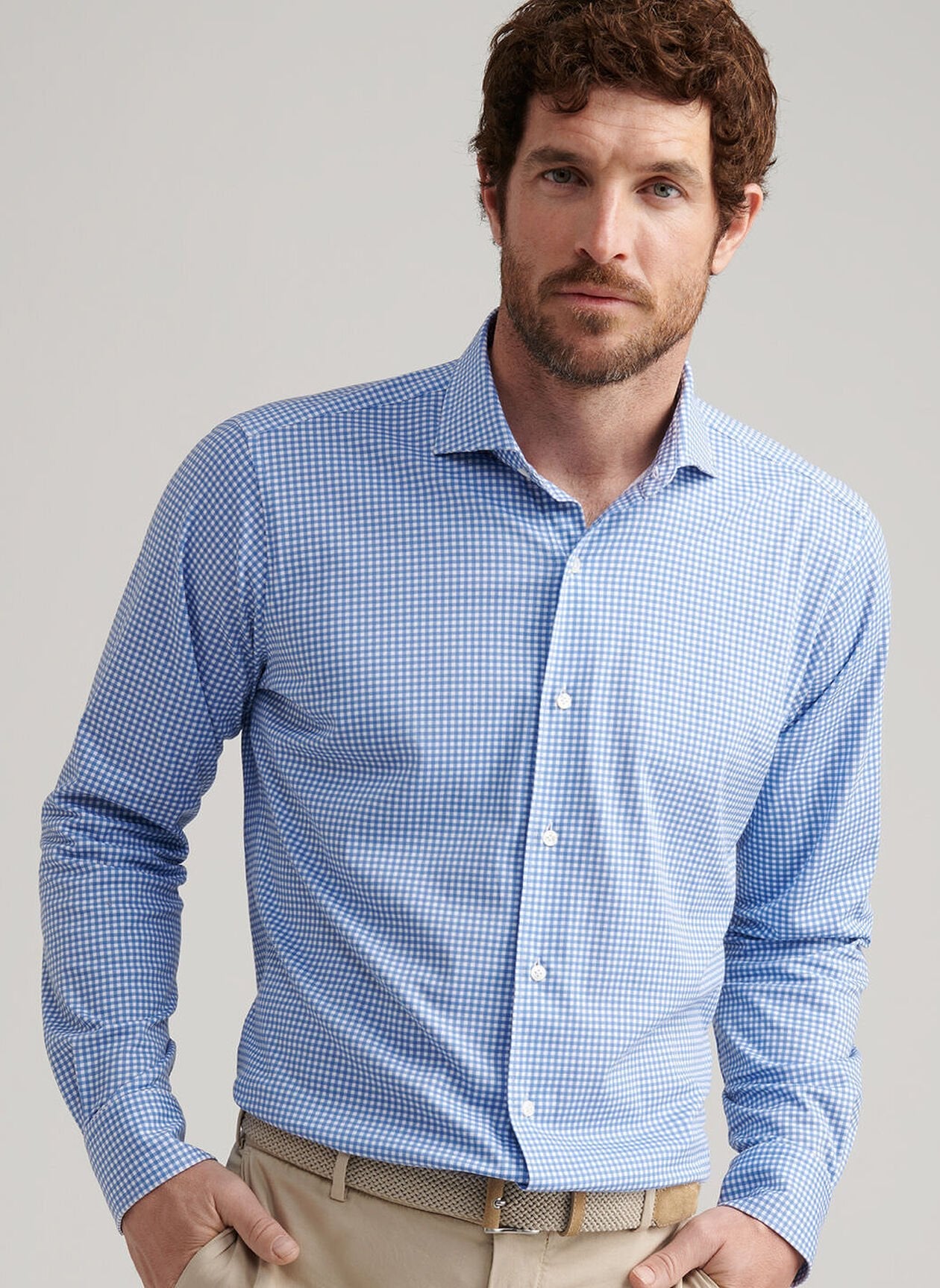  Peter Millar Crown Crafted Excursionist Flex Gingham Shirt: Rain Cloud