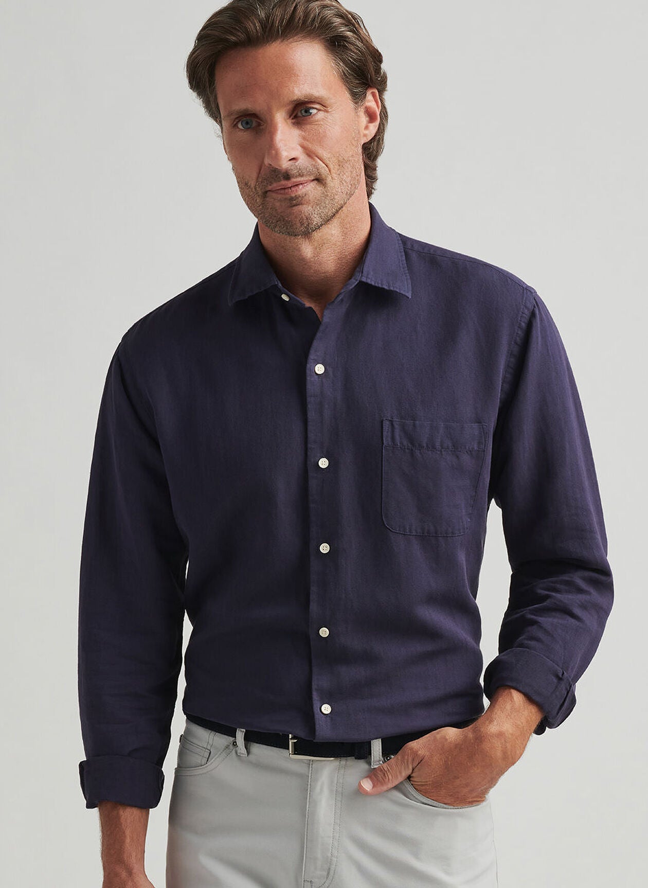  Peter Millar Canal Linen Cotton Shirt: Navy