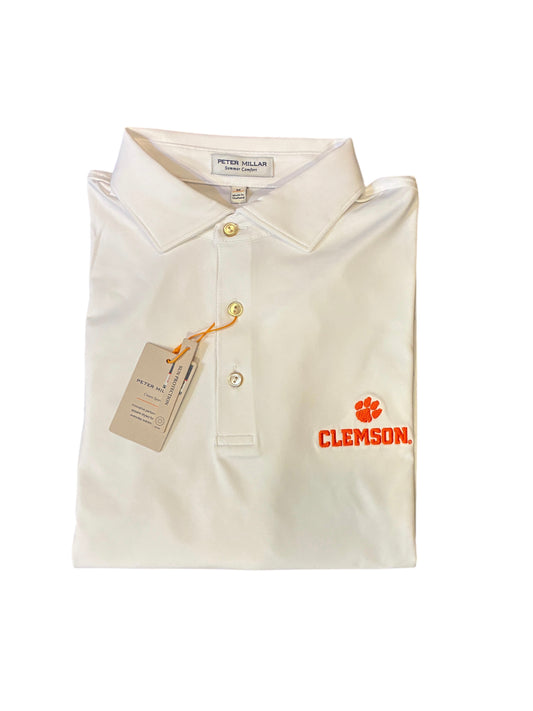  Peter Millar Clemson Paw With "CLEMSON" Text Solid Performance Jersey Polo: White
